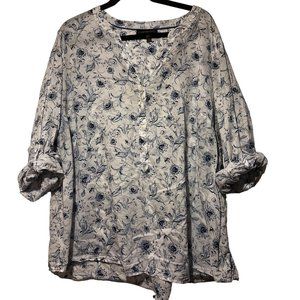 Lane Bryant White Blue Floral Popover Simple V-Neck Peasant Blouse Women's 22/24
